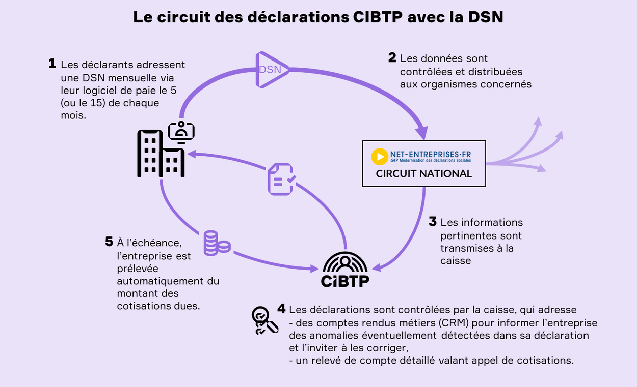 La DSN issue du logiciel de paie transite par le circuit national (Net-Entreprises) et les informations qui les concernent sont transmises aux caisses CIBTP. Celles-ci les contrôlent et calculent les cotisations appelées auprès des entreprises.