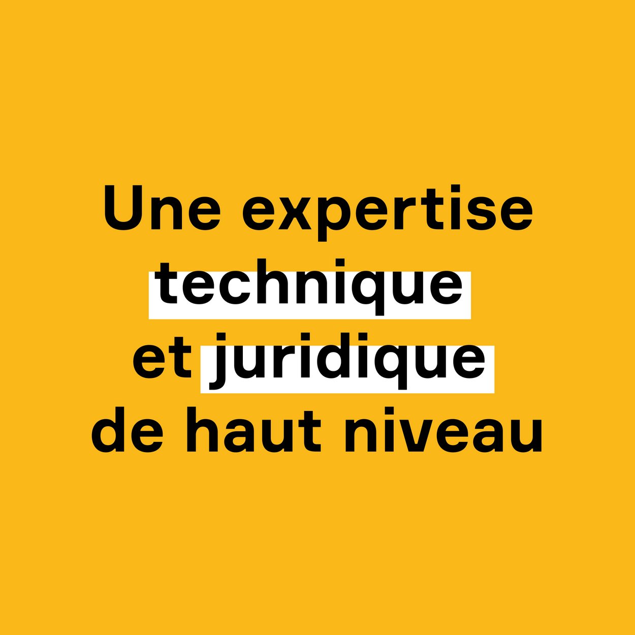Carré jaune accueillant le texte "Une expertise technique et juridique de haut niveau". Mise en exergue des termes technique et juridique. 